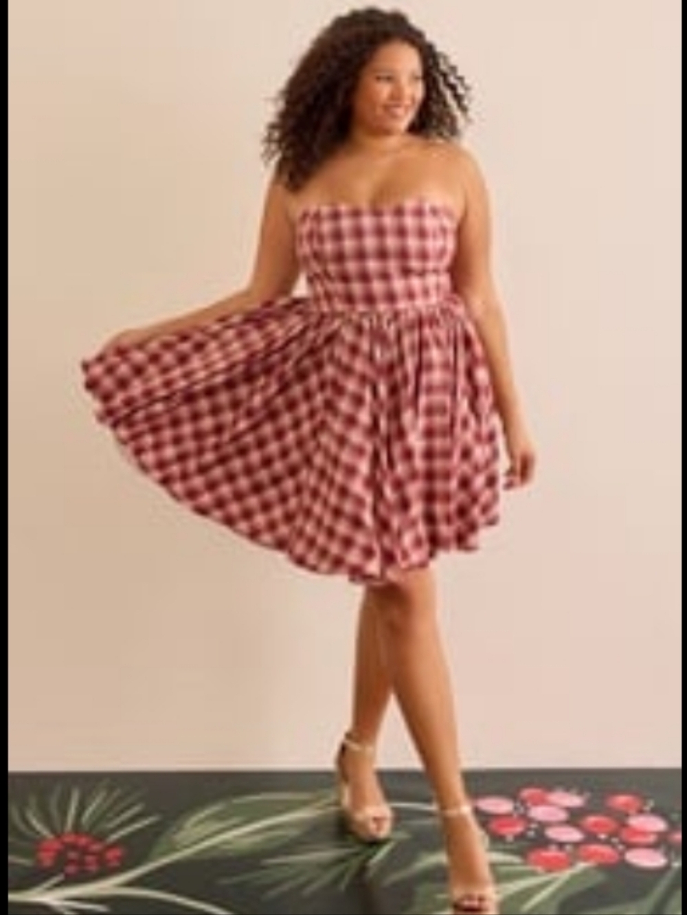ARULA "Scout" Burgundy Strapless Dress with Gingham Accent